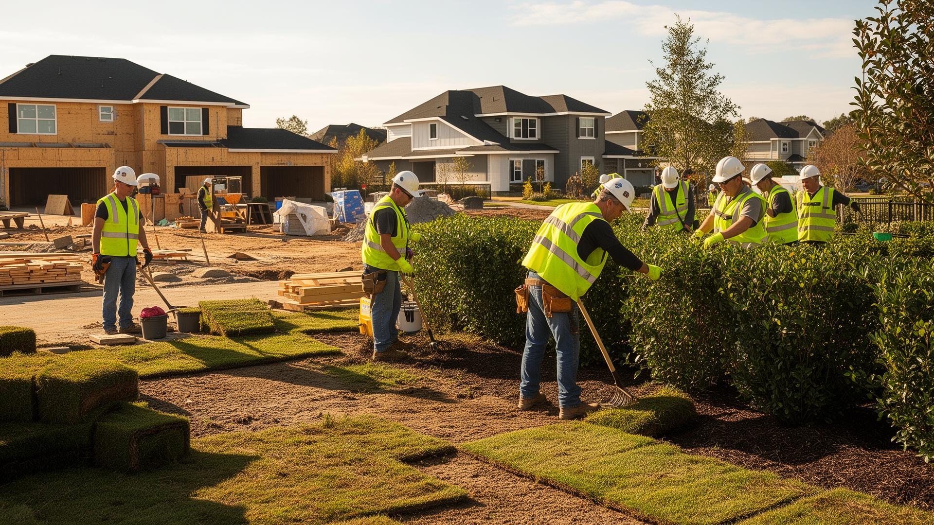 Landscaping and construction crew working on a residential job site